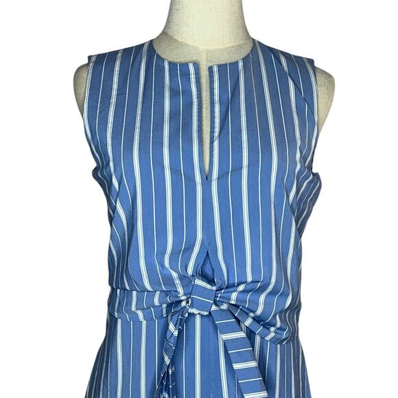 Theory Striped Blue and White Bow Tie Front Midi Sleeveless Modest Dress Size 4 - Picture 5 of 12